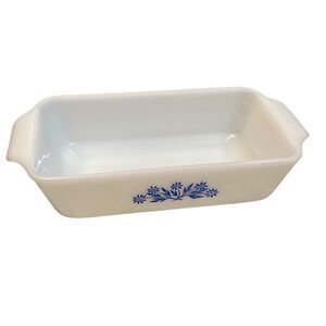 Vintage Anchor Hocking Fire King White Milk Glass Loaf Pan Blue Cornflower 1qt
